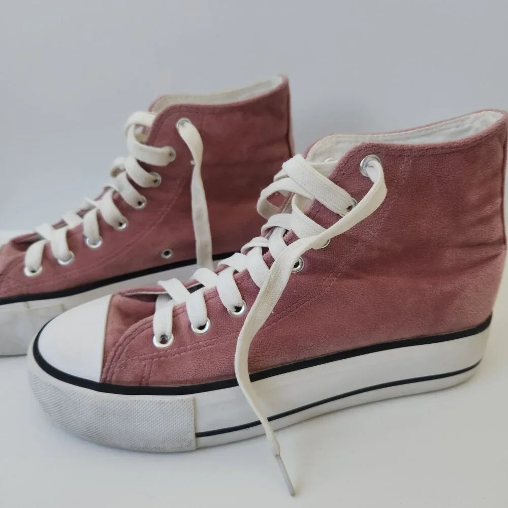 Dusty Pink Velvet Platform High Top Sneakers Chunky Summer Feminine Casual Cute - Picture 8 of 8